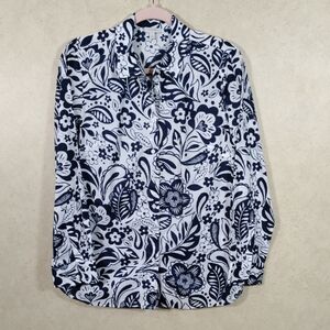 04182 Talbots blue & white floral print L/S cotton blouse S NEW